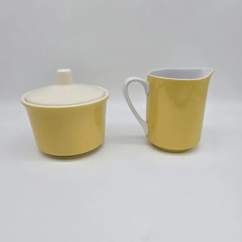 Vintage Mikasa Cera Stone Covered Sugar Bowl & Creamer Set Japan Yellow MCM
